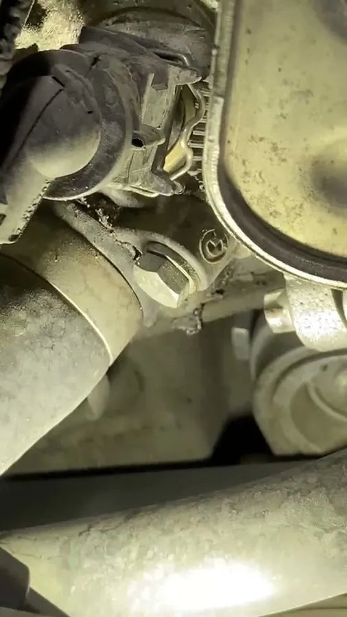 Close-up of the BMW coolant hose connector showing dried coolant residue at the leak point