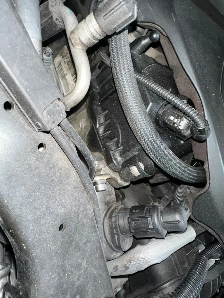 BMW X1 engine bay showing the valve cover gasket oil leak during the initial inspection