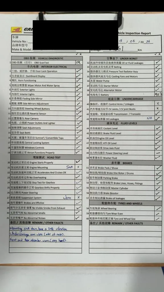 Pre-purchase inspection report for a used car showing condition findings at our Singapore workshop