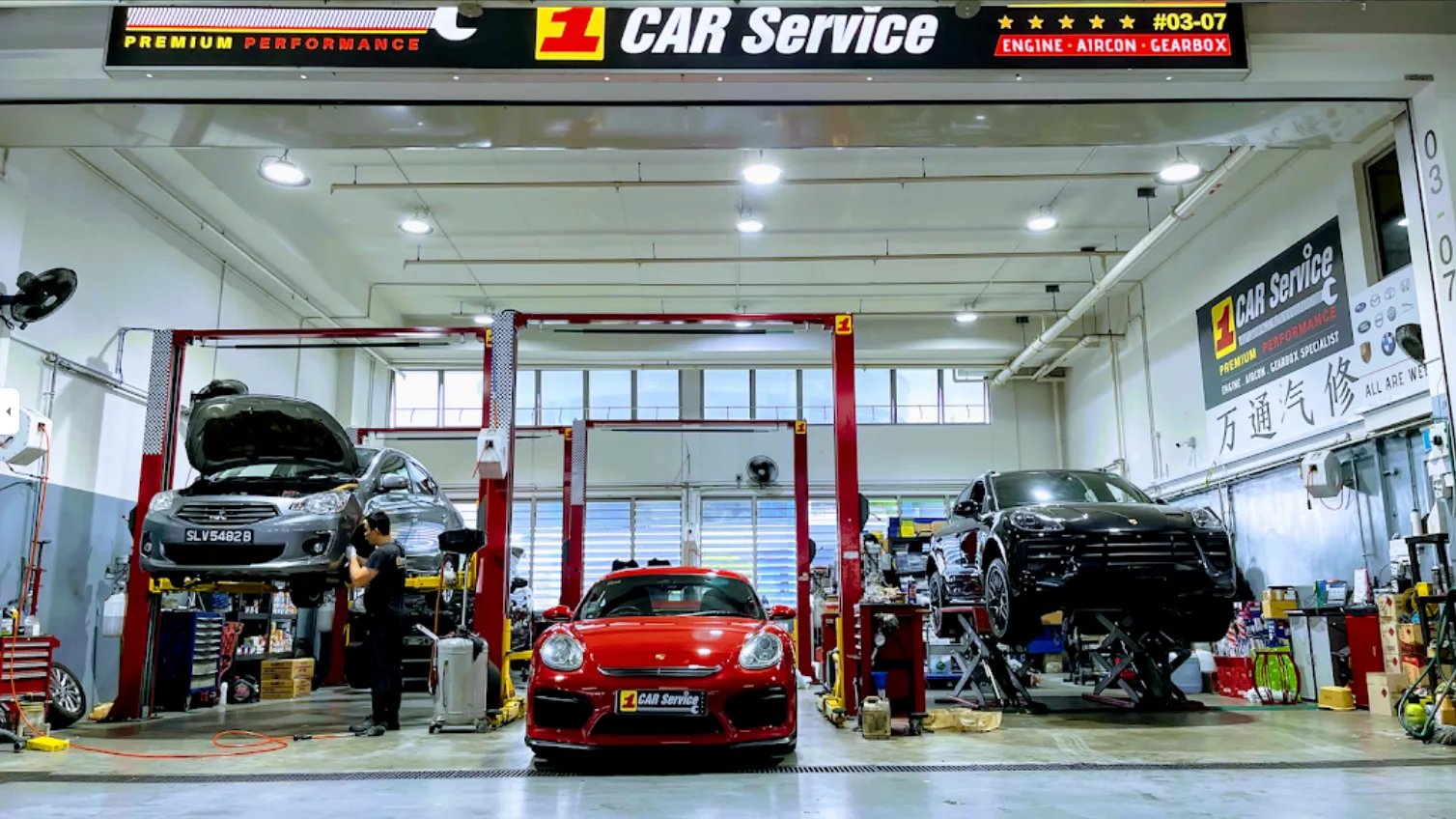 Car in the service bay for a battery replacement in Singapore