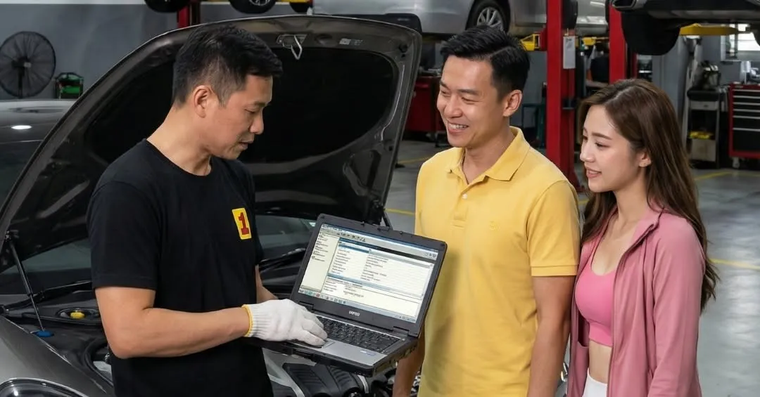 Manufacturer-grade diagnostics being explained to a customer at our Sin Ming workshop in Singapore