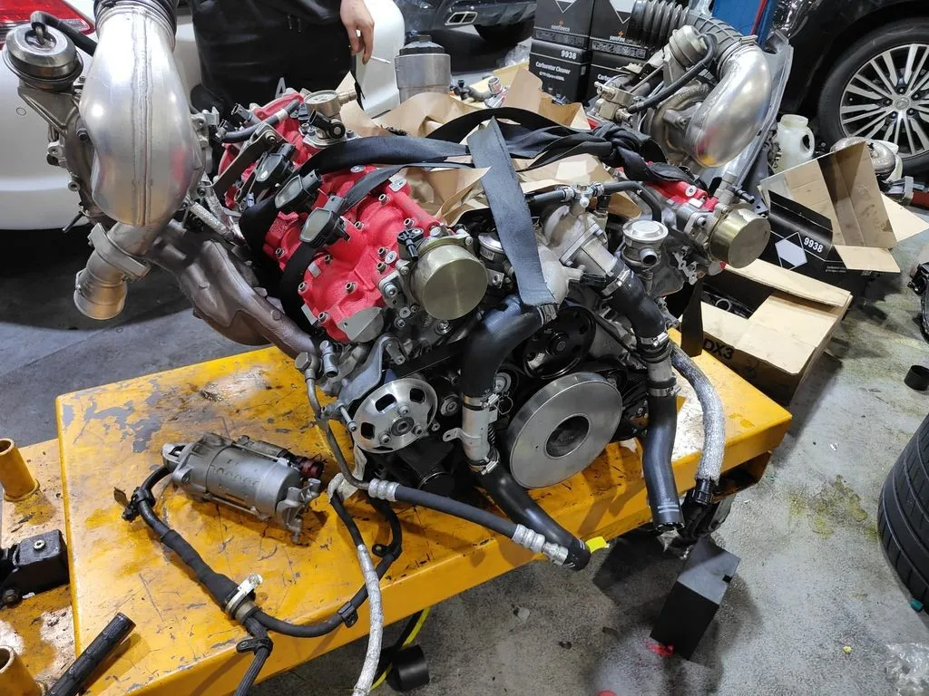 Rebuilt Ferrari 488 GTB twin-turbo V8 engine after a full overhaul at our Singapore workshop