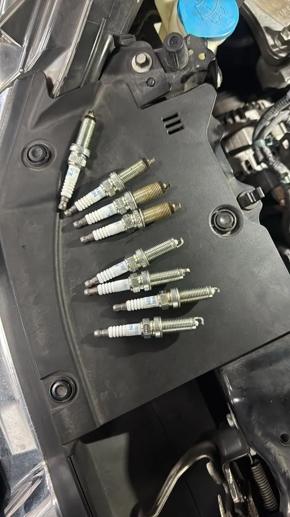 New spark plugs laid out during a Honda valve cover and service job