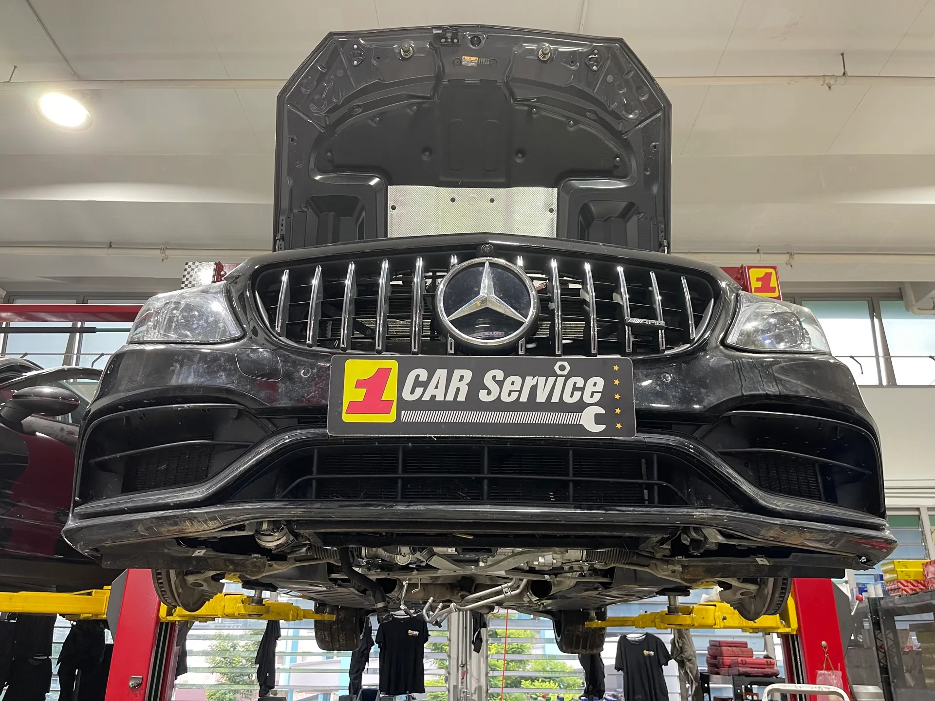 A Mercedes on the ramp at our Sin Ming continental car workshop in Singapore