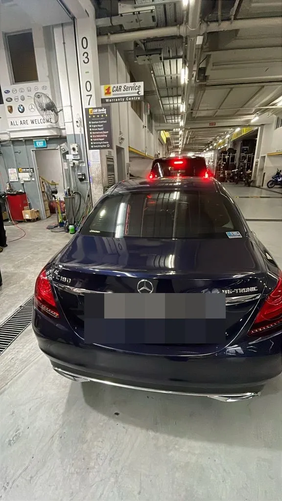 Dark blue Mercedes C180 in for a major service at our Singapore workshop