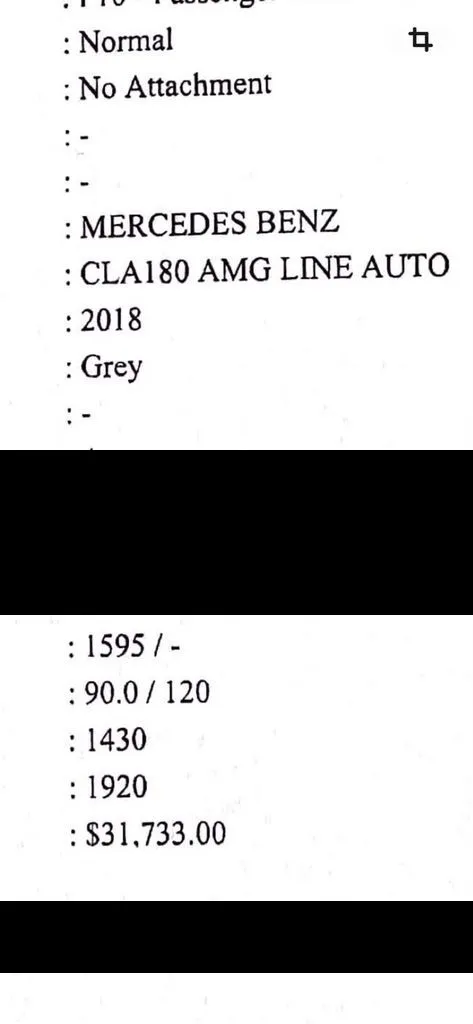 Vehicle registration document confirming this is a 2018 Mercedes-Benz CLA180 AMG Line Auto, Grey, with identifying details redacted