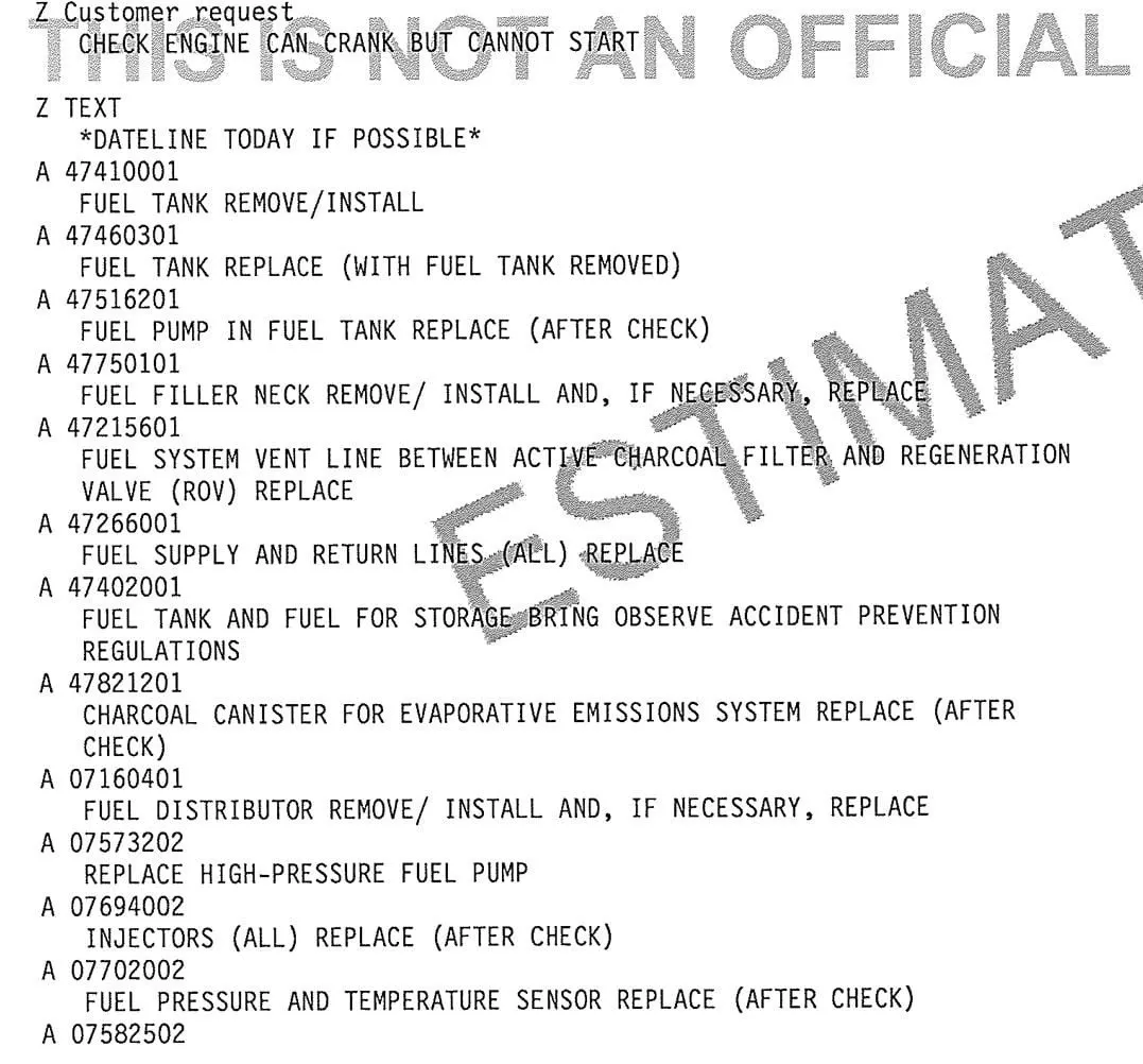 Part of the main-dealer estimate listing the entire fuel system to be removed and replaced