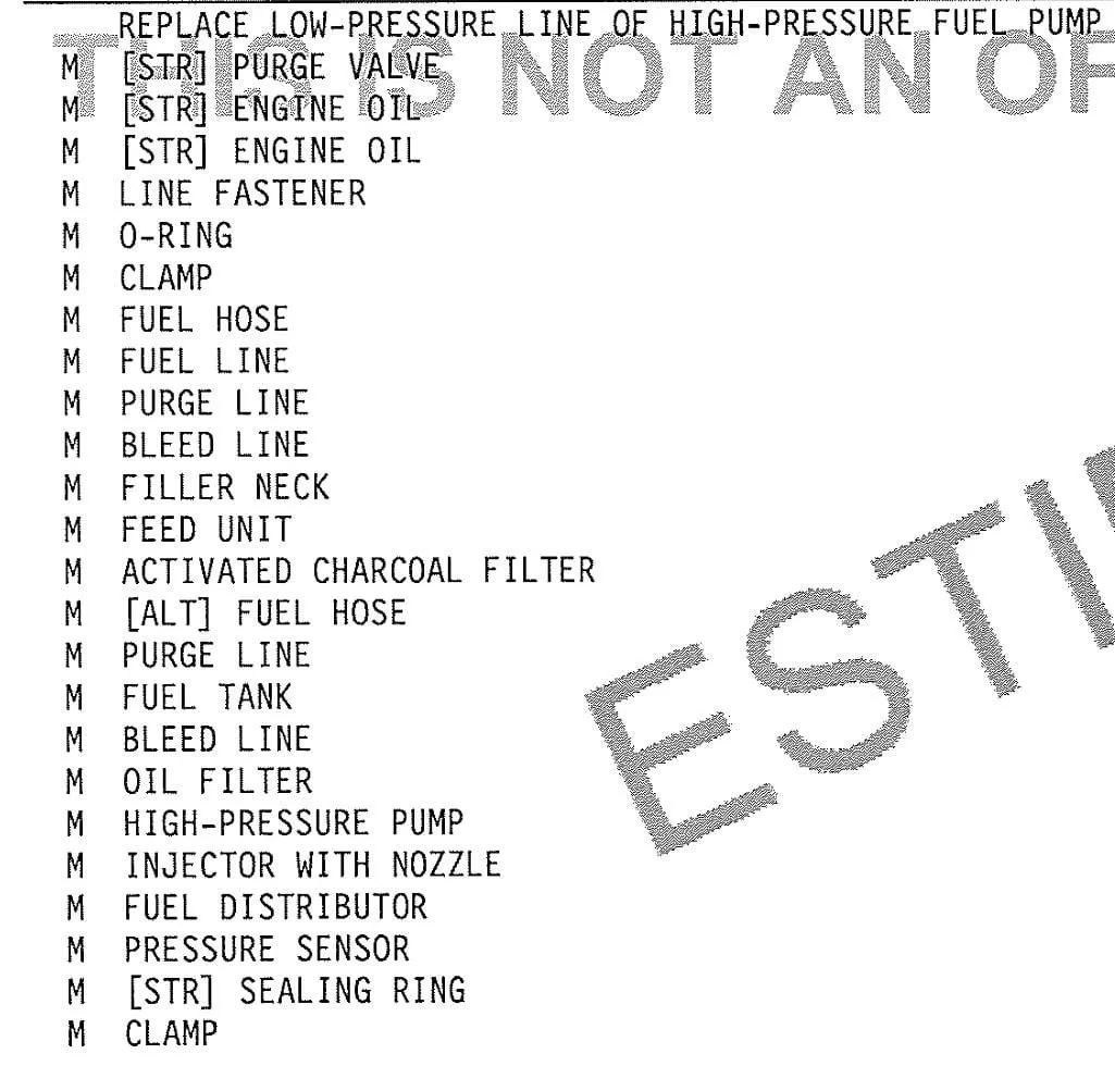 Second page of the main-dealer estimate, a long list of fuel system parts and materials to replace