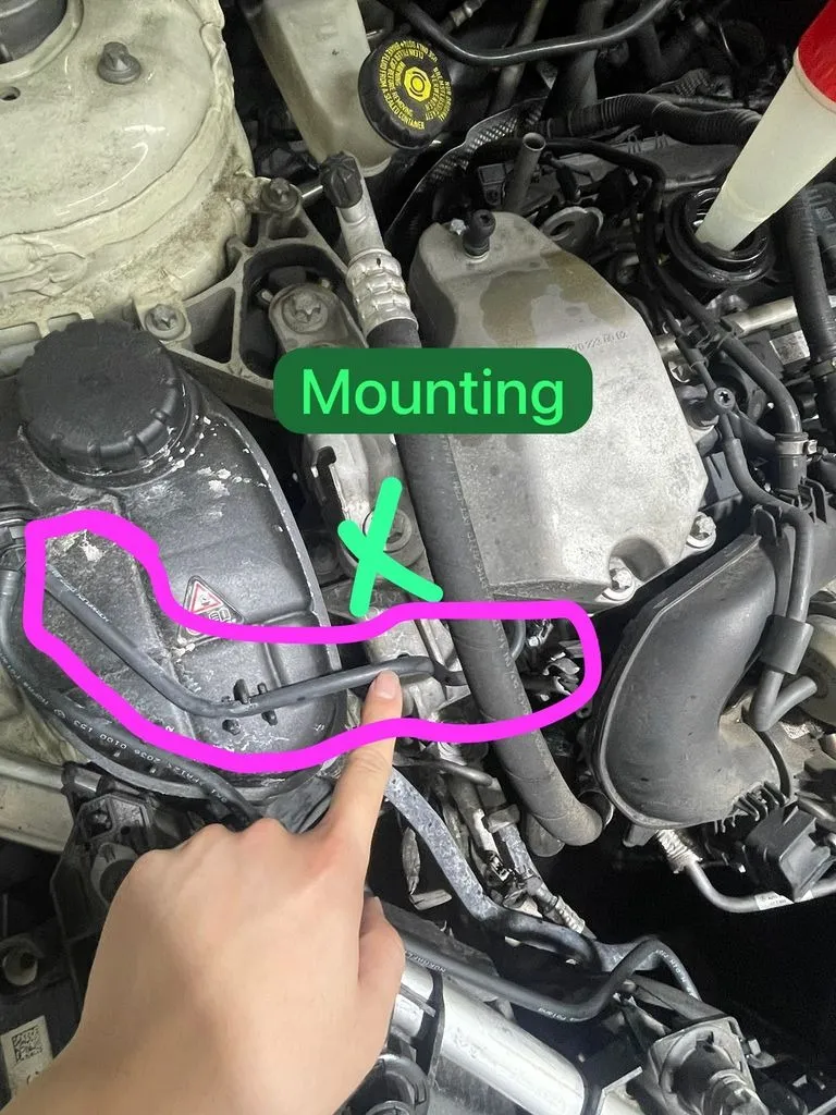 Engine mount from a Mercedes GLA showing a visible crack, photographed during inspection at our Singapore workshop