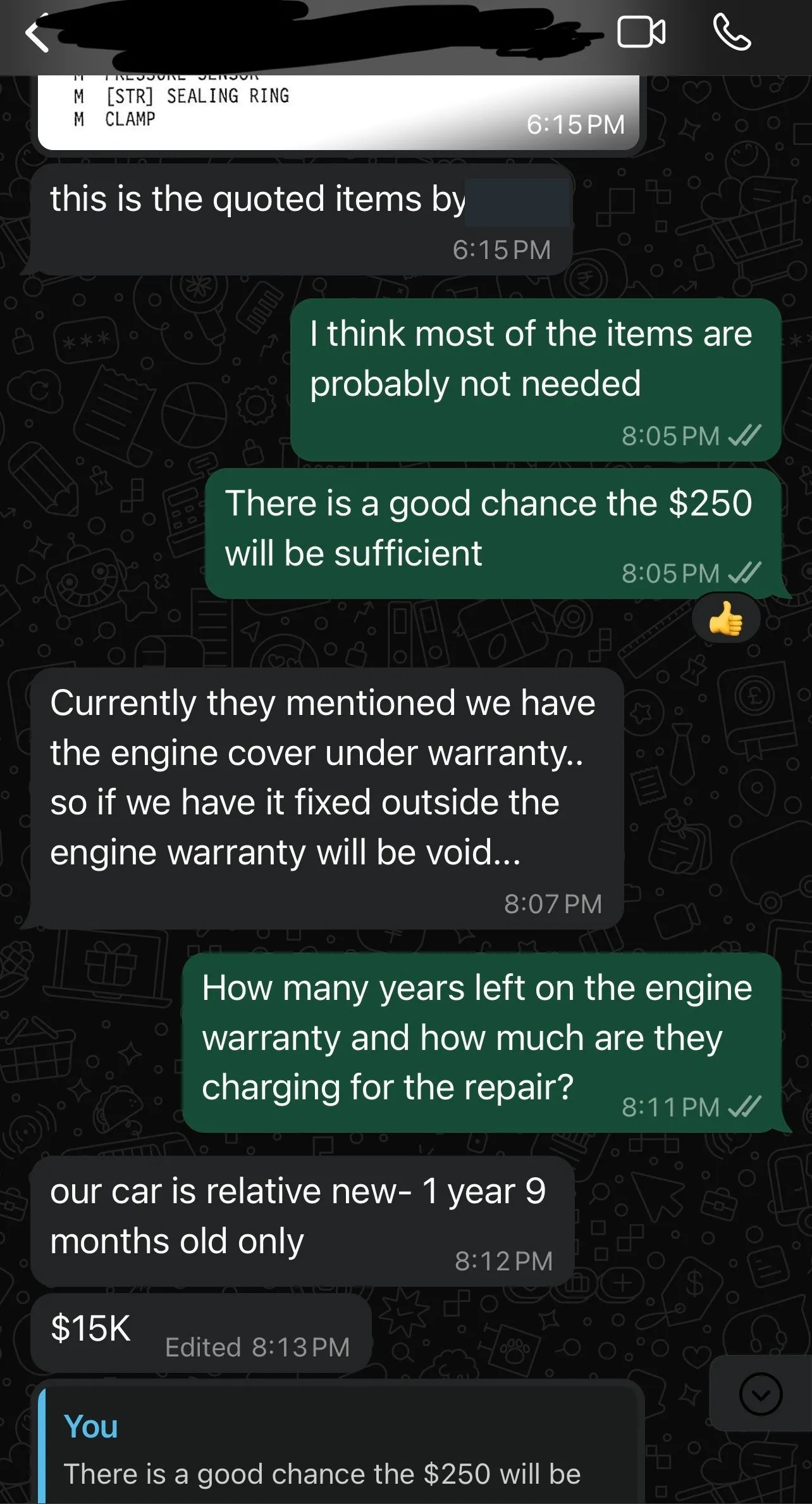 WhatsApp messages where the owner shares the main-dealer quote and we advise a $250 fuel system clean instead