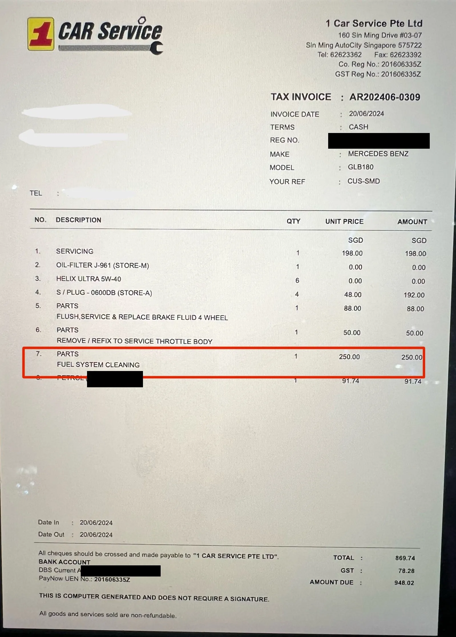 1 Car Service invoice showing the fuel system cleaning at $250, the repair that got the car running