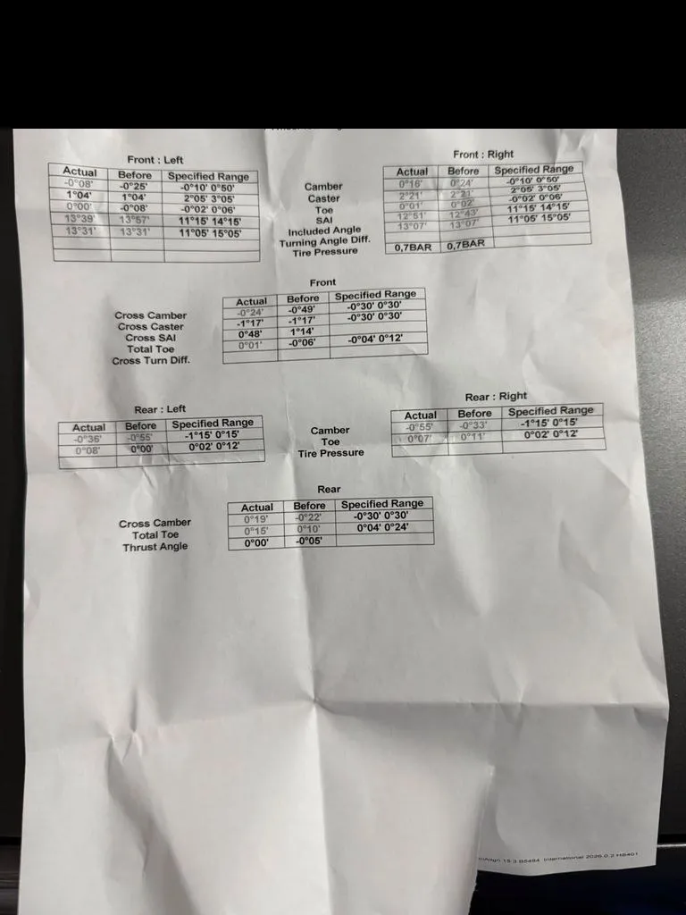 Wheel alignment report for the Mitsubishi Outlander showing 4-wheel total alignment results at 1 Car Service Singapore