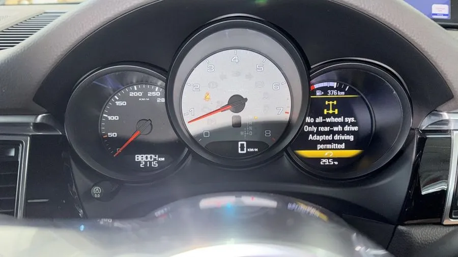 Porsche Macan dashboard showing the No all-wheel sys warning during the October 2026 follow-up