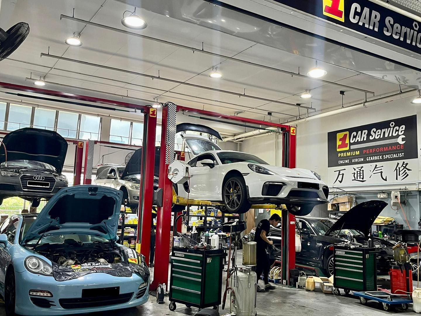 Porsche on the ramp at our continental car workshop in Singapore