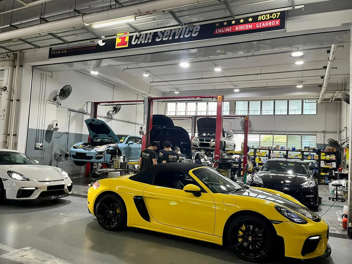 Porsche 718 Spyder and other premium continental cars in for service at our Sin Ming workshop in Singapore