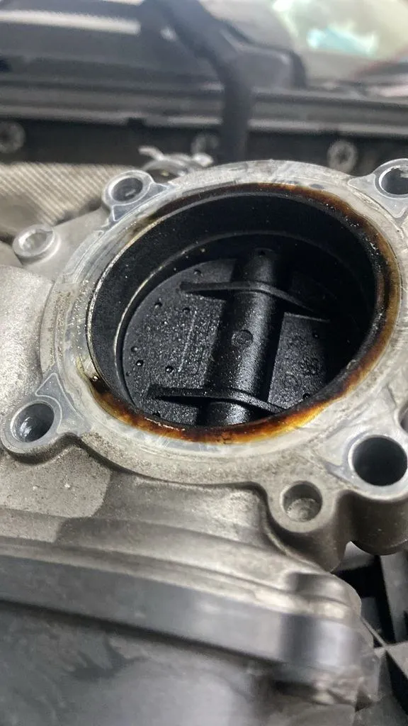 Brown sludgy oil contamination visible in the Skoda Octavia engine port, indicating coolant mixing with engine oil