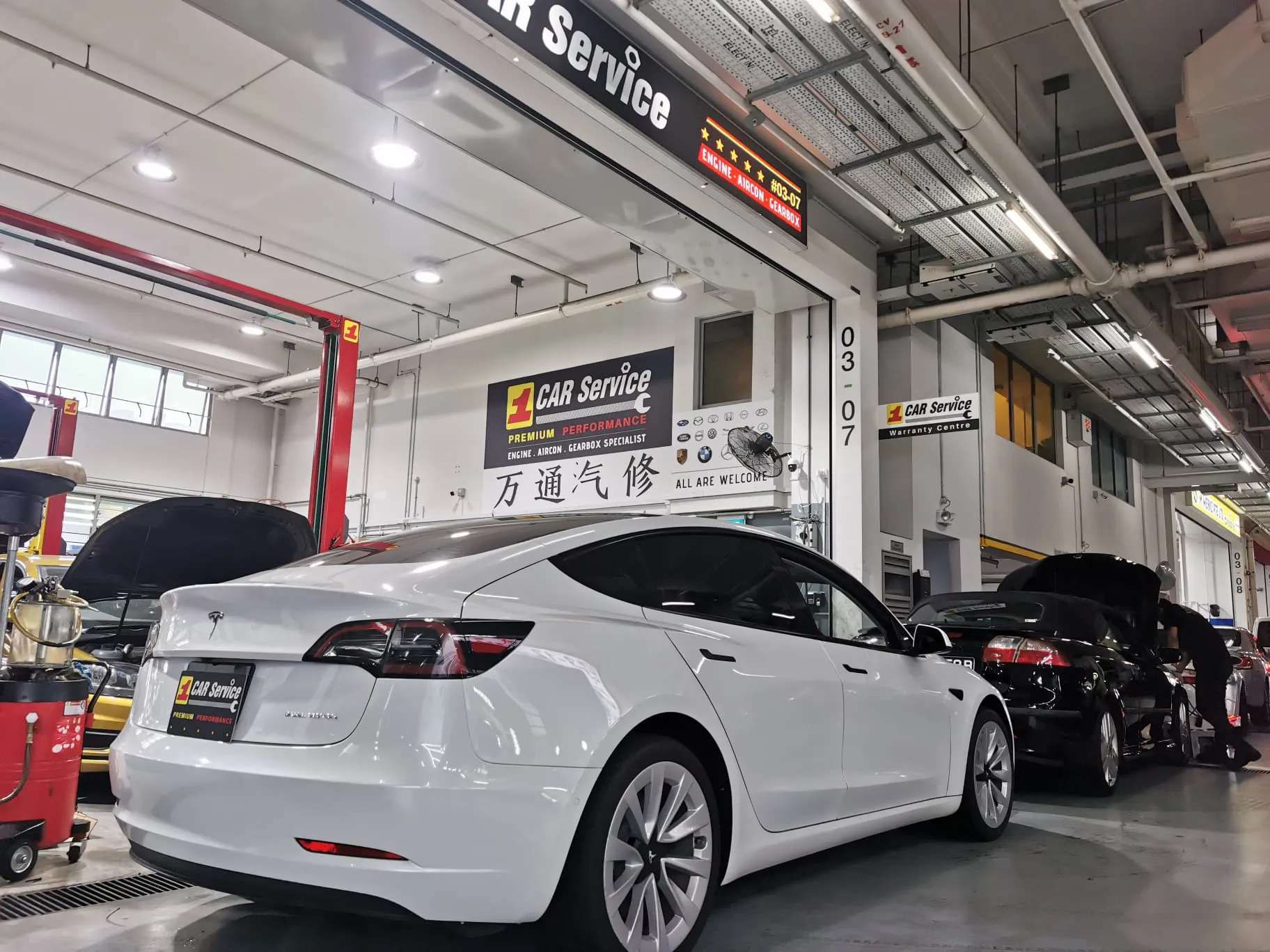 Tesla Model 3 in for a check at our Sin Ming workshop in Singapore, where we overhaul EV reduction gearboxes for every make and model