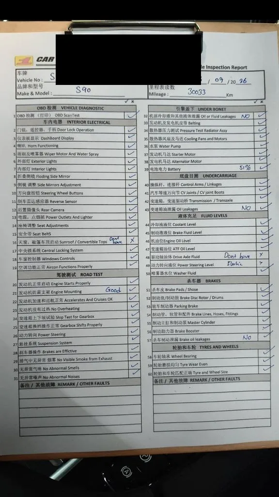 Pre-purchase inspection report for a Volvo S90 at 30,033km showing condition findings