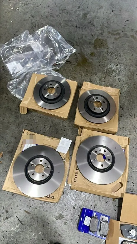 New Volvo XC40 front and rear brake disc rotors ready to replace worn brakes at our Singapore workshop