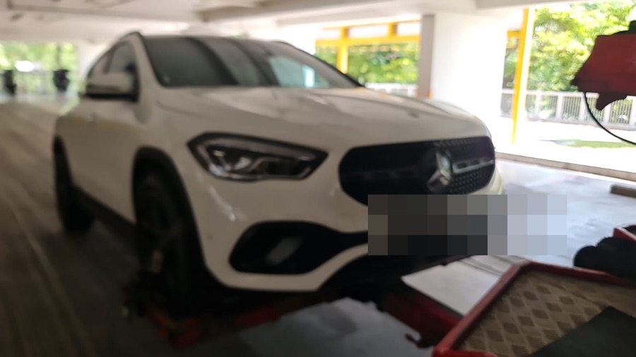 White Mercedes-Benz GLA SUV at our Singapore workshop